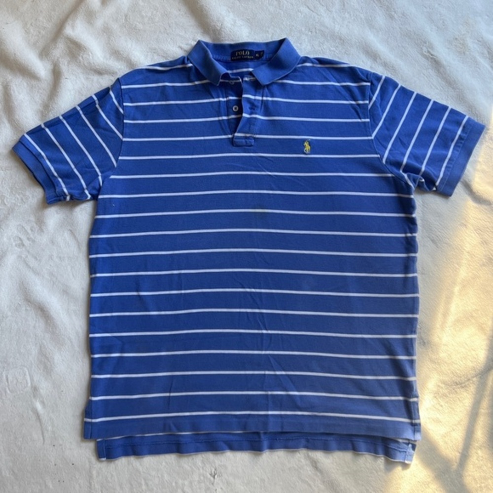 Polo Ralph Lauren Mens XL Blue White‎ Striped Polo Shirt Yellow Pony Logo Golf